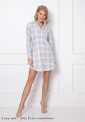 Pyjamas-kjole, lange ermer, lomme, rutete mønster